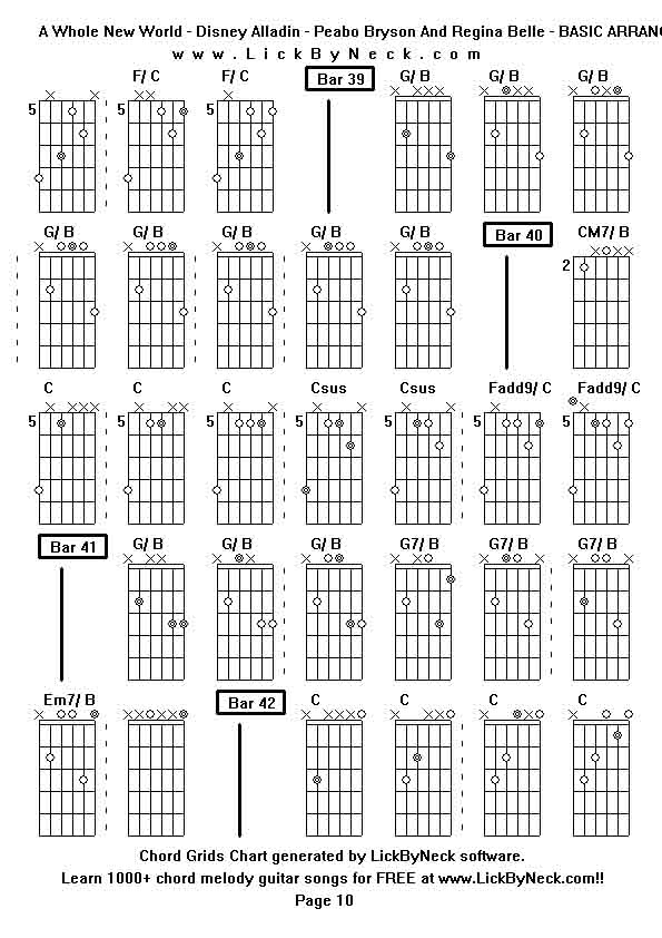 Chord Grids Chart of chord melody fingerstyle guitar song-A Whole New World - Disney Alladin - Peabo Bryson And Regina Belle - BASIC ARRANGEMENT,generated by LickByNeck software.